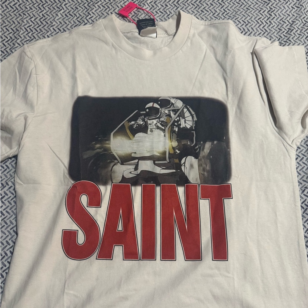 White Graphic Tee with Red 'SAINT' Print